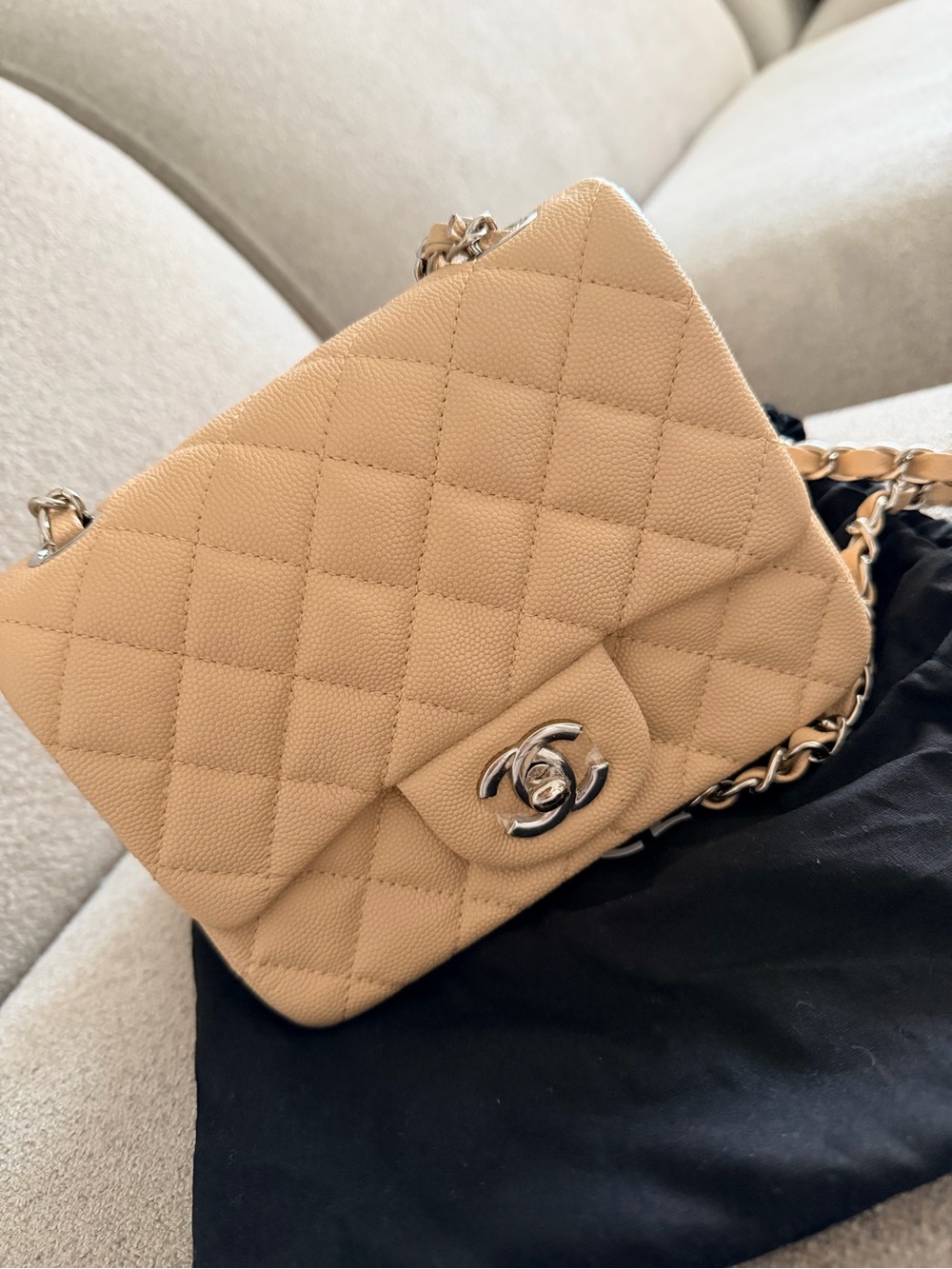 Quilted Caviar Real Leather Mini Flap Bag in Beige